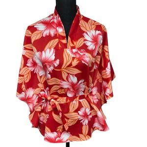 Pomare Hawaii Vintage 60's Women's Belted Batwing Sleeve Caftan Style Floral Top